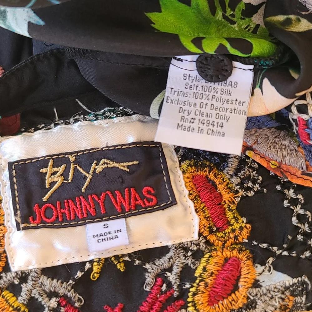 JOHNNY WAS BIYA ANTHRO Veda Embroidered Silk Blouse S M L Shirt Peasant Top Boho